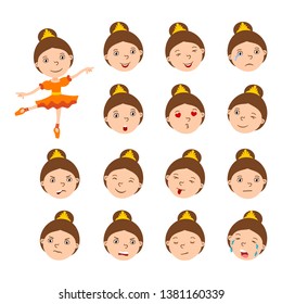 Set of ballerina facial expressions in cartoon style with different emotions isolated on white background