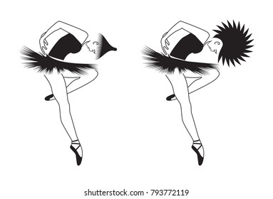 Set. Ballerina. Graphic female silhouette in black and white colors. Professional ballet dancer in tutu and pointe shoes for banners, shop, advertising, prints, posters. Concept choreography design.