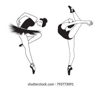 Set. Ballerina. Graphic female silhouette in black and white colors. Professional ballet dancer in tutu and pointe shoes for banners, shop, advertising, prints, posters. Concept choreography design.