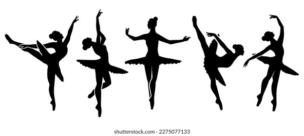 Set of ballerina vector silhouettes on white.