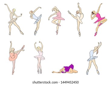 Set of ballerinas in ballet tutu and pointe shoes on toes. Classical dancer silhouette in elegant pose. Vector flat illustration. Isolated hand drawn black contour and colors.