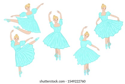 Set of ballerinas in blue dresses isolated on a white background. Vector graphics