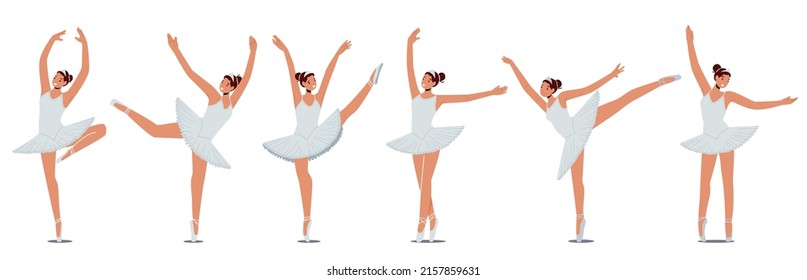 Set of Ballerinas in Different Poses Dancing Ballet. Woman Classical Dancer Performing Art on Scene. Girl Classic Choreography Isolated on White Background. Cartoon People Vector Illustration