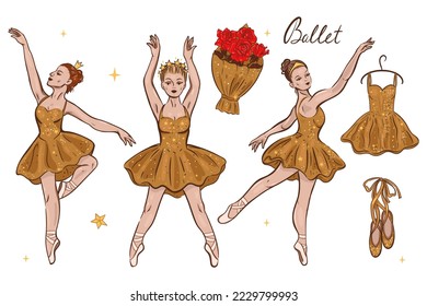 Set of ballerinas in gold dresses with stars isolated on white background. Vector graphics.