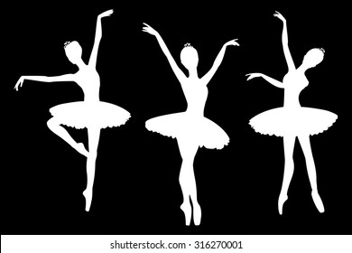 Set of ballerinas silhouettes, isolated on black