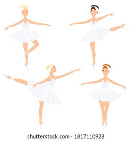 Set of ballerinas in tutu and pointe shoes, dancing and posing. Ballet vector pattern on the pink background.