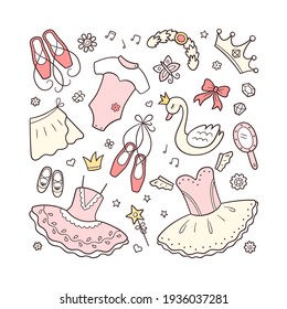 Set of ballet accessories for little ballerina. Hand drawn tutu, pointes, ballet dress, swan, crown. Isolated vector illustration in doodle style on white background