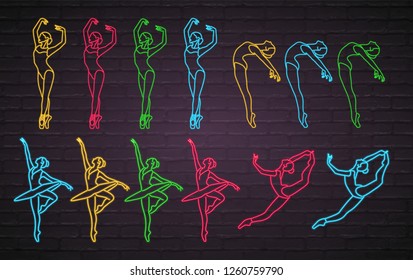 Set of Ballet Dancer Symbol Neon Light Glowing Vector Illustration with Different Color Version