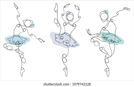 Set of ballet dancers, ballerina, trendy line art for stickers. Body line drawing. Vector hand drawn illustration. Dancing. Poses