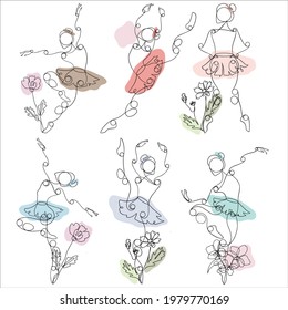 Set of ballet dancers. Ballerina. Trendy line art for stickers with flowers. Body line drawing. Vector hand drawn illustration.