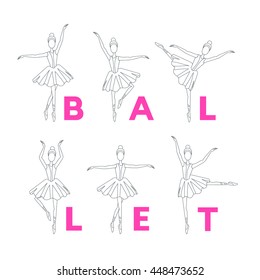 Set of ballet dancers poses. Women ballet line icons, symbols. Elegance ballet postures vector outline illustration isolated on white background. Cartoon ballerina in pink tutu dress.