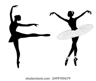 Set of ballet dancers silhouettes. Silhouettes of ballerinas on a white background. Ballerina in a tutu. Ballet dancing. 