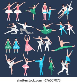 Set of ballet dancers in stage costume teacher and little ballerinas on black background isolated vector illustration 