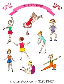 Set of ballet dancers in ballet studio. Cute characters of of little ballerinas. Ballet poses. Isolated on white background. Vector illustration