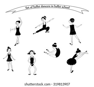 Set of ballet dancers in ballet studio. Cute characters of of little ballerinas. Ballet poses. Isolated on white background. Vector illustration