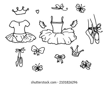 a set of ballet doodles. hand-drawn collection of dresses and shoes for dancing ballet studio. feet in pointe shoes isolated black outline on white