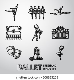 Set of Ballet freehand icons with - ballet dancers, swan lake dance, stage, theater building, masks. Vector