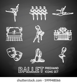 Set of Ballet freehand icons with - ballet dancers, swan lake dance, stage, theater building, masks. Vector illustration