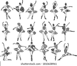 Set of Ballet Mandala Black Design With Nature Pattern