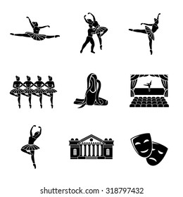 Set of Ballet monochrome icons with - ballet dancers, swan lake dance, stage, theater building, masks. Vector