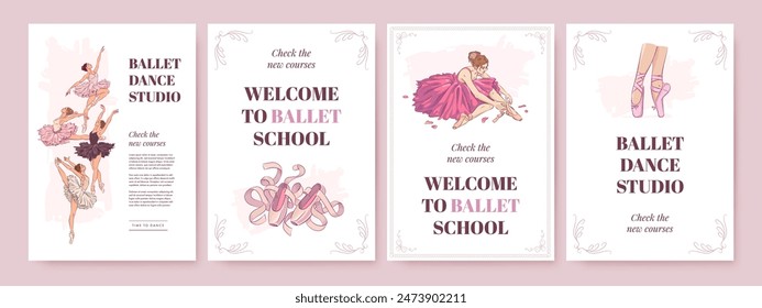 Set of ballet school poster template with hand drawn ballerina, pointe shoes on white background. Ballet studio banner, cover of flyer design. Vector illustration