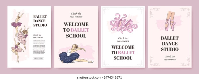 Set of ballet school poster template with hand drawn ballerina, pointe shoes on white background. Ballet studio banner, cover of flyer design. Vector illustration