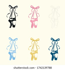  Set of Ballet shoes isolated. Vector illustration of ballet shoes, black, outline and colored solhouette. 