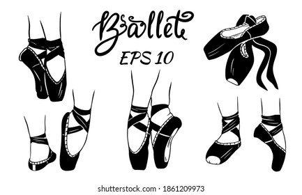 A set of ballet shoes. Womens legs in ballet shoes. Ballet shoes, pointe shoes. Vector set of stickers.