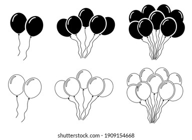 Juego de vectores de icono de Ballon, lazo de Siluette en color negro y fondo blanco