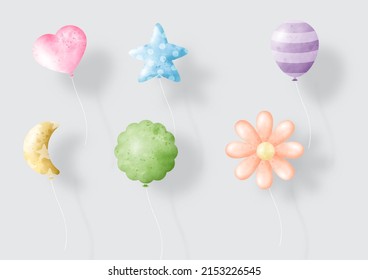 Set of balloon in 3d and water colors style on white paper pattern background.