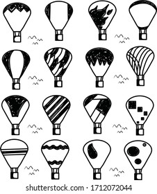 Conjunto de barcos de globo de aire adecuado para transporte exterior y concepto de viaje diseñado con modelo de doodle y caricatura