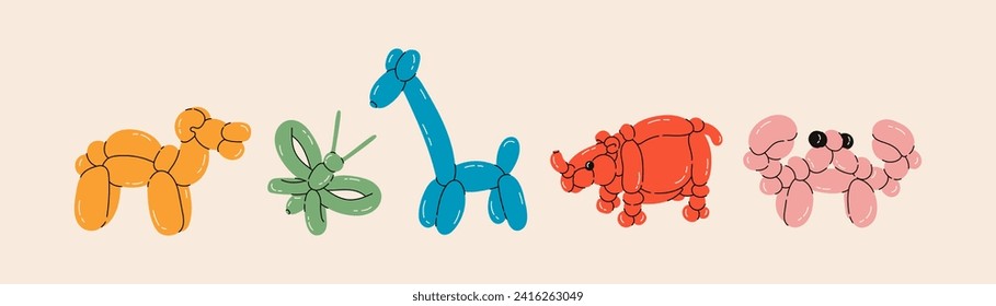 Set of balloon animals, Camel, Butterfly, Giraffe, Rhino, Crab. Birthday celebration party. Fancy abstract characters isolated vector. Colorful drawing of inflatable toys made of twisted balloons