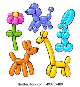 Set of balloon animals - dog, poodle, giraffe, flower and rabbit, cartoon vector illustrations isolated on white background. Colorful drawing of inflatable toys made of twisted balloons