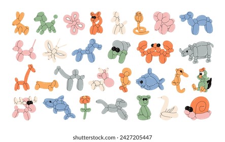 Set of balloon animals, dog, snake, rabbit, flower, butterfly, bear. Birthday celebration party. Fancy abstract characters isolated vector. Colorful drawing of inflatable toys made of twisted balloons