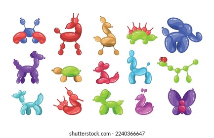 Set of Balloon Animals Elephant, Frog, Crab and Butterfly. Giraffe, Duck, Mouse and Horse with Dog. Birthday Party Child Decoration Isolated on White Background. Cartoon Vector Illustration, Icons