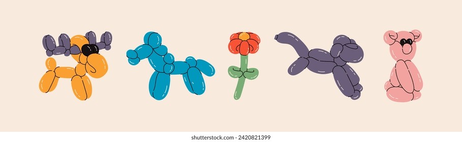 Set of balloon animals, elk, horse, flower, monkey, bear. Birthday celebration party. Fancy abstract characters isolated vector. Colorful drawing of inflatable toys made of twisted balloons