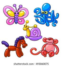 Set of balloon animals - horse, octopus, monkey, butterfly, snail, cartoon vector illustrations isolated on white background. Colorful drawing of inflatable toys made of twisted balloons