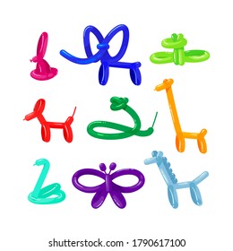 Set of Balloon Animals Rabbit, Elephant and Frog with Snake. Giraffe, Butterfly and Horse with Dog. Birthday Party Child Decoration Isolated on White Background. Cartoon Vector Illustration, Icons