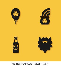 Set Balloon with clover trefoil leaf, Mustache and beard, Beer bottle and Pot of gold rainbow icon with long shadow. Vector