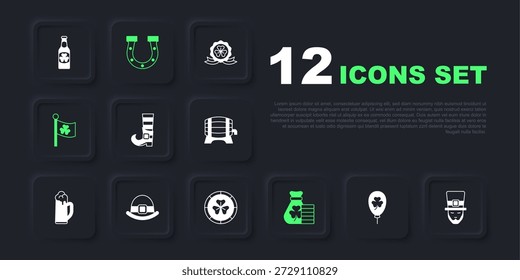 Set Balloon with clover trefoil leaf, Leprechaun, boot, Money bag, Ireland flag, hat, Horseshoe and Golden leprechaun coin icon. Vector