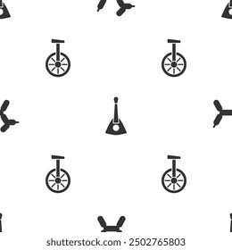 Set Balloon dog, Balalaika and Unicycle or one wheel bicycle on seamless pattern. Vector