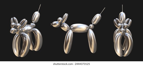 Set of balloon dogs in different poses, bubble sticker. Vector 3D illustration in liquid chrome metal color. Trendy retro y2k style.