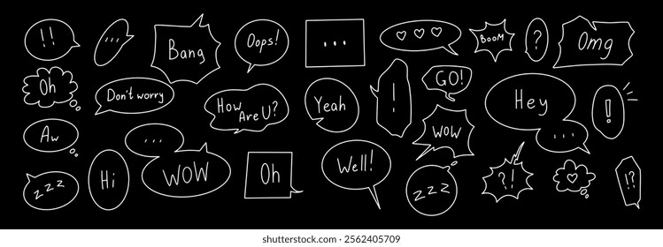 Set of balloon dough with doodle style text. Balloon comic vector. Frames for text and thoughts on black background