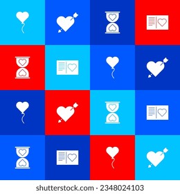 Ponga el globo en forma de corazón, Amour con y flecha, Corre el reloj de arena central y el icono del volante de San Valentín. Vector