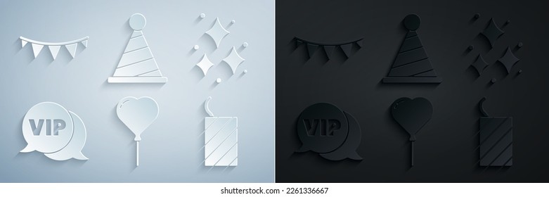 Set Balloon in form of heart, Firework, Vip speech bubble, rocket, Party hat and Carnival garland with flags icon. Vector