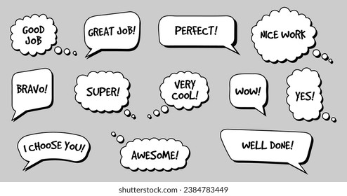 Set of balloon frame with text. Speech great job ok yeah awesome retro 2000s style. Vector illustration.