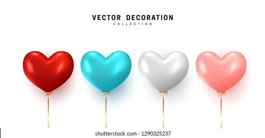 Set Balloon heart shape isolated on white background. Holiday element design realistic baloon with gold ribbon and bow