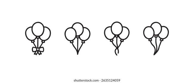 Set of balloon icons with bows and strings in minimalist style.