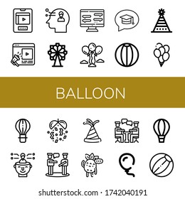 Set of balloon icons. Such as Entertainment, Thinking, Ferris wheel, Chat, Balloons, Beach ball, Fun hat, Hot air balloon, Confetti, Talk, Party hat, Conversation , balloon icons