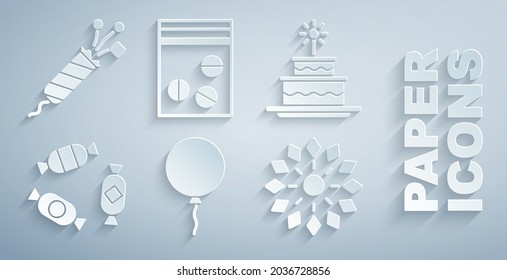 Set Balloon with ribbon, Cake burning candles, Candy, Firework, Plastic bag of drug and rocket icon. Vector